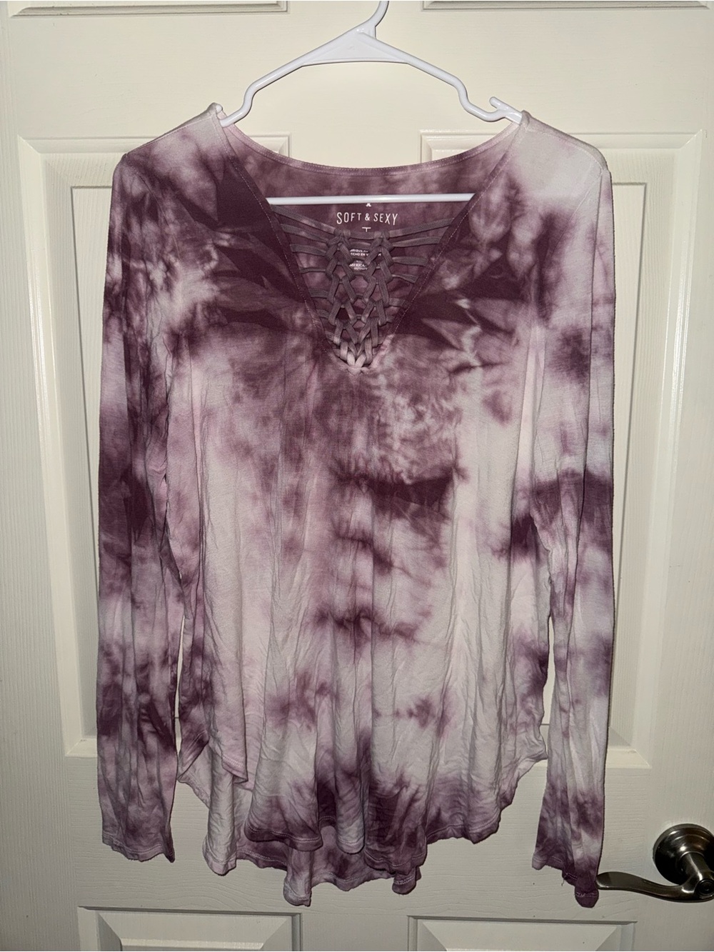 American Eagle Outfitters Lavender and White Tie-Dye Lace-Up Long Sleeve Top